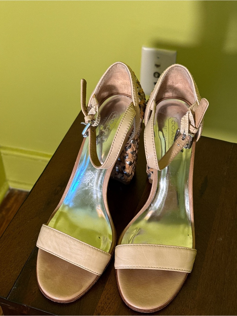 Coach Beige Woven Block Heel Sandals - Picture 3 of 11